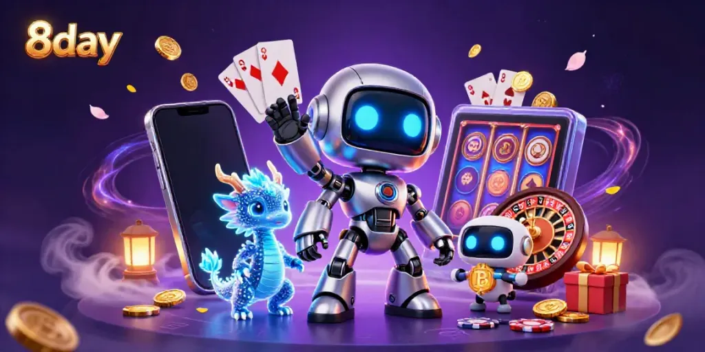 Engage in thrilling slots at 8day with charming robot mascot, holographic dragon, and crypto drone