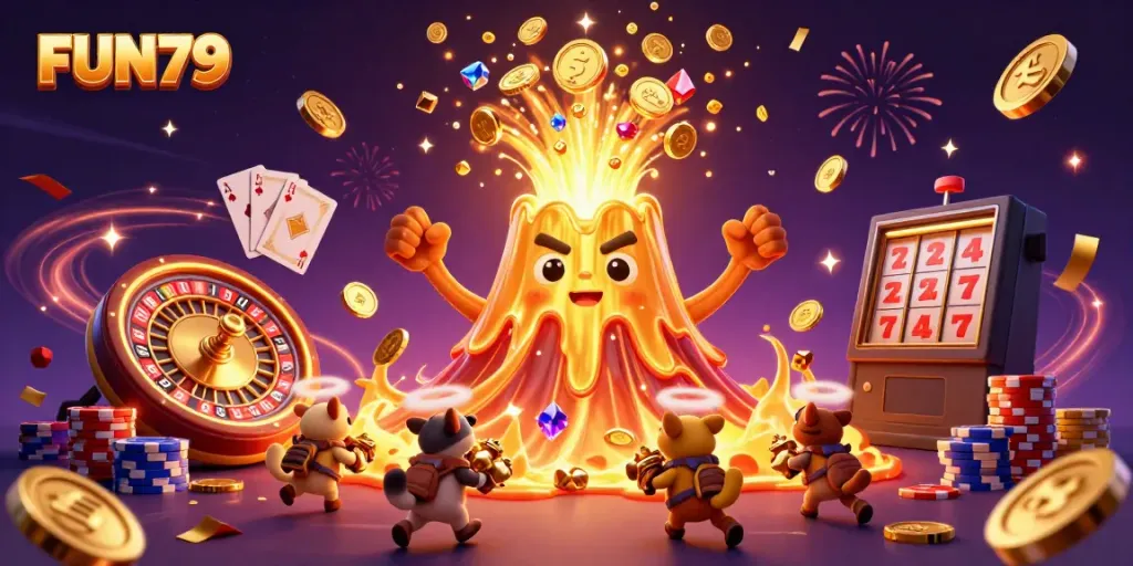 WIN big at FUN79 with a golden volcano erupting treasure in a vibrant casino scene.