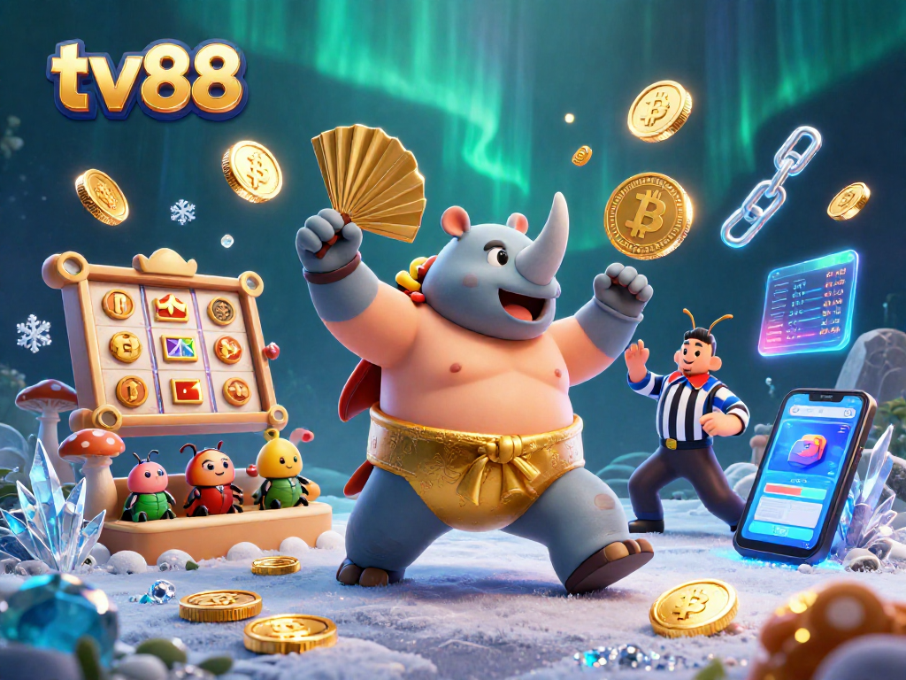 Play exciting games at tv88, featuring a sumo champion beetle amidst vibrant casino elements.