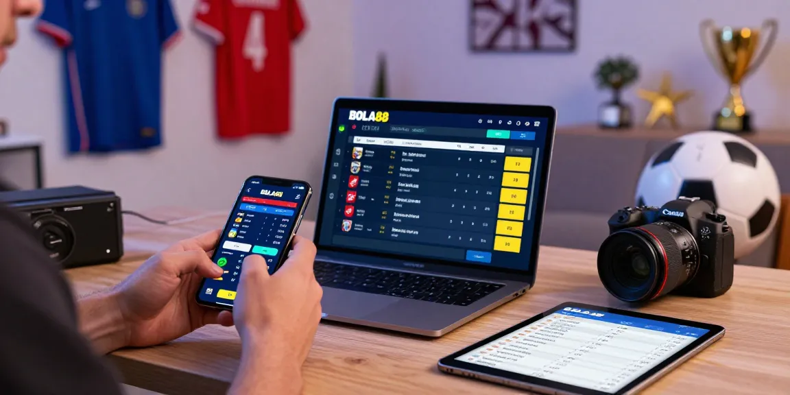 BOLA88 sportsbook interface with live odds on devices surrounded by sports memorabilia.