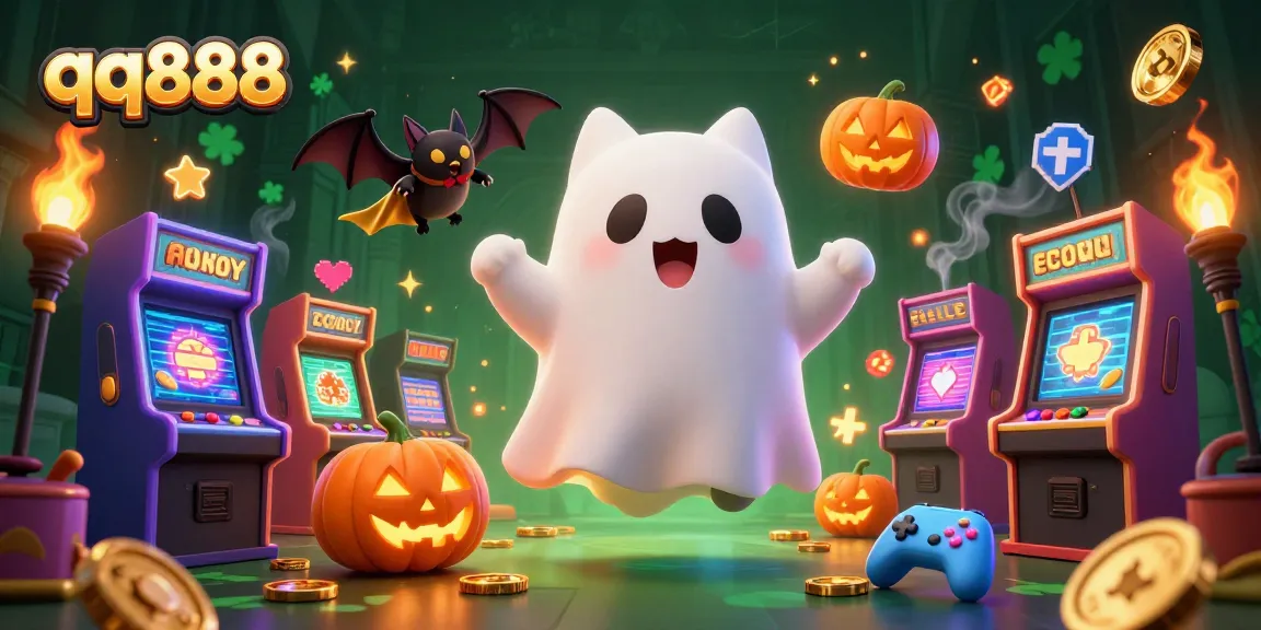 Engage in thrilling gameplay at qq888 with a ghost cat and bat in a vibrant casino scene.