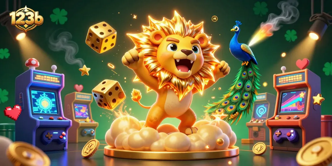 Engage with 123b's vibrant 3D casino scene featuring a roaring sun lion and golden elements.
