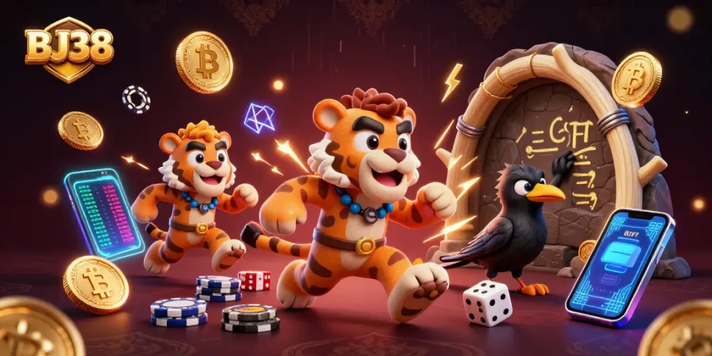 Engage in casino excitement at BJ38 with 3D caveman and sabertooth tiger, vibrant crypto elements.