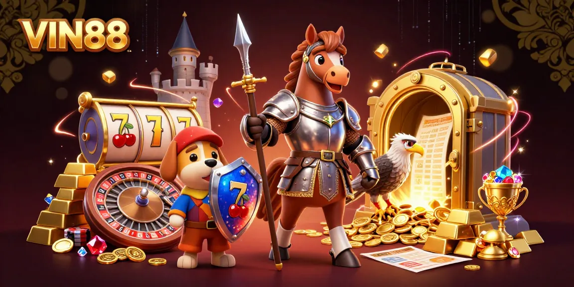Engage in casino adventures with VIN88 featuring a knight, puppy, and falcon amidst treasures.