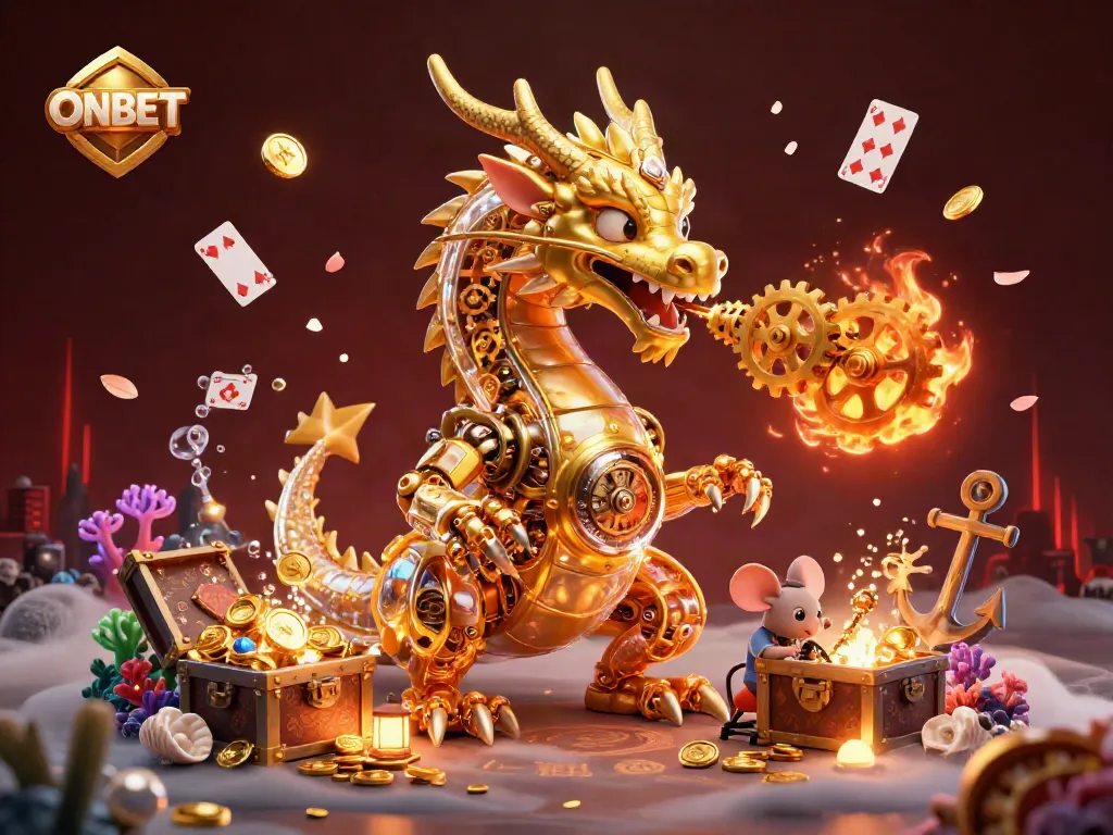 Experience thrilling gaming action with the ONBET dragon, surrounded by treasures and bioluminescent effects.