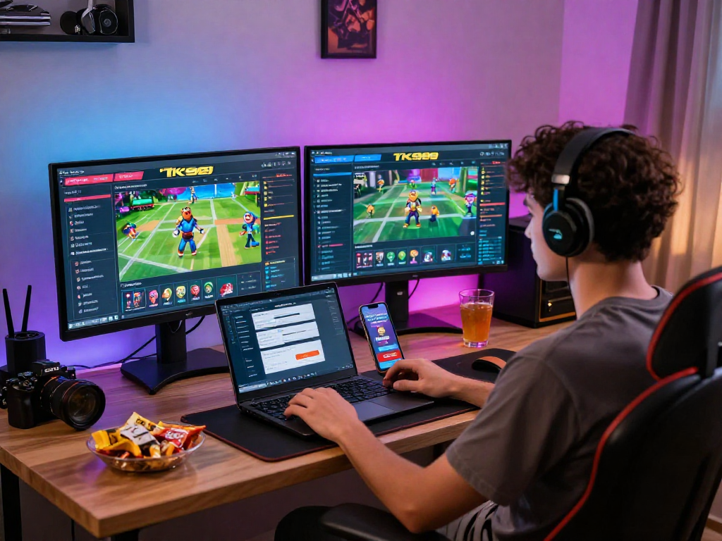 Player enjoying online gaming on TK999 with dual monitors and a vibrant atmosphere.