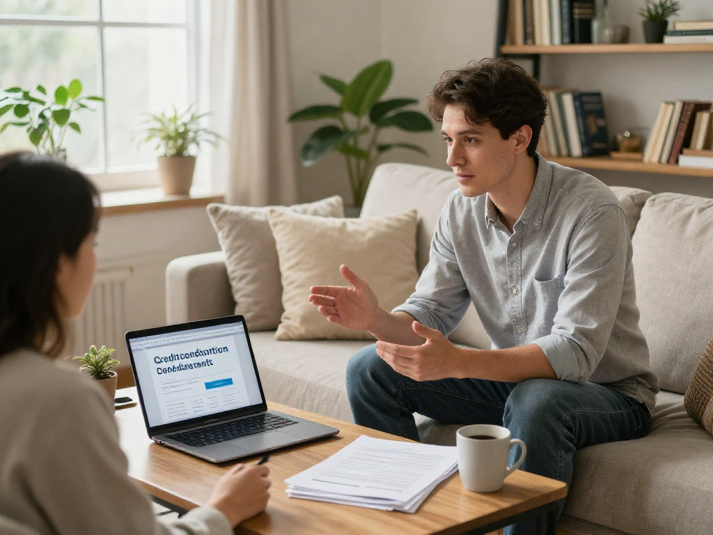 Consultation on credit consolidation solutions at https://credit-consolidation.ca, featuring a financial adviser with a couple in a cozy living room.