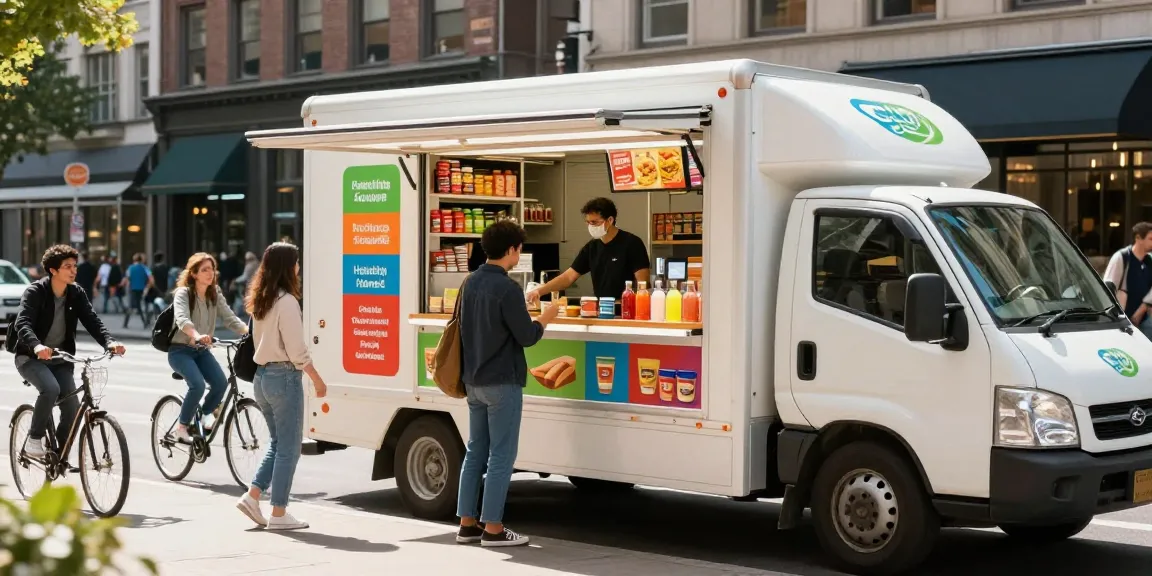 Mobile convenience store on wheels engaging customers with healthy snacks and drinks in an urban setting