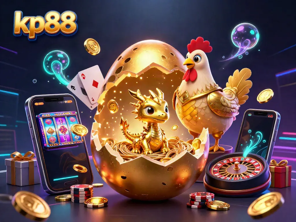 Experience thrilling gameplay at kp88 with a golden dragon amidst poker chips and vibrant gaming elements.