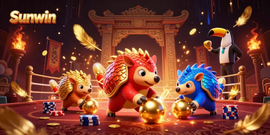 Sunwin pangolins competing in a vibrant online casino scene with poker chips and gold coins.