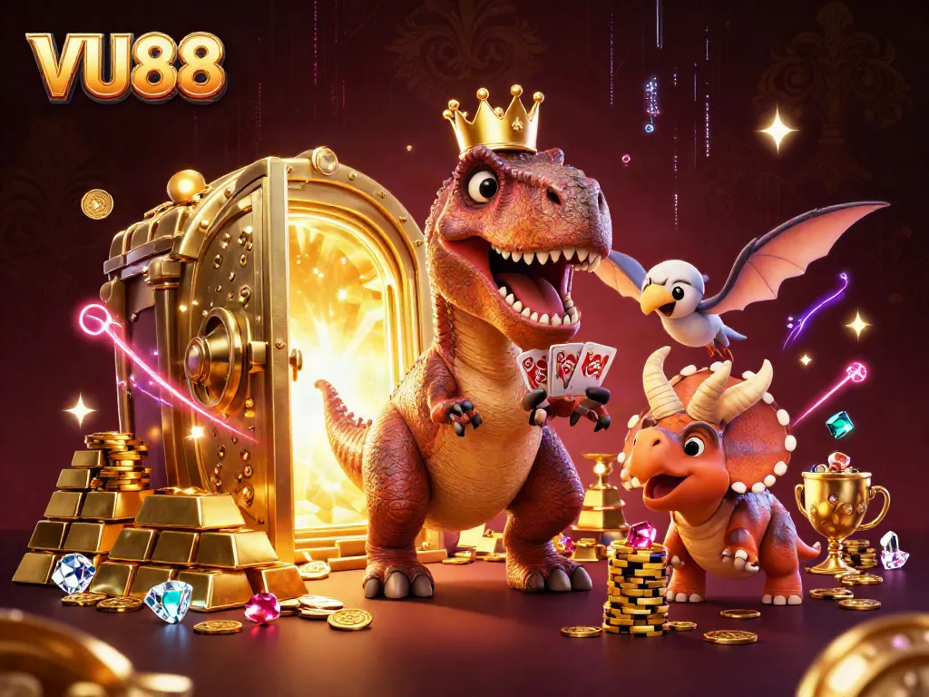 Engaging VU88 casino scene with a T-Rex shuffling cards and playful characters amidst golden treasures.