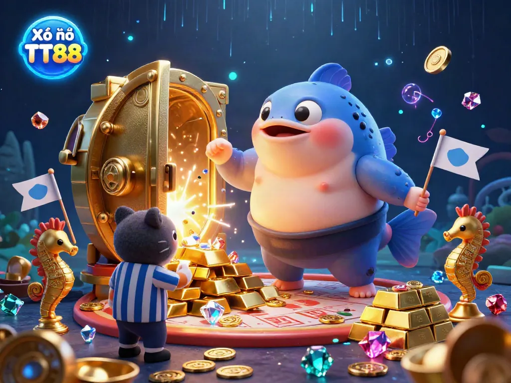 Xổ số TT88 showcases a fun lottery experience with a blowfish in a sumo outfit, surrounded by jewels.