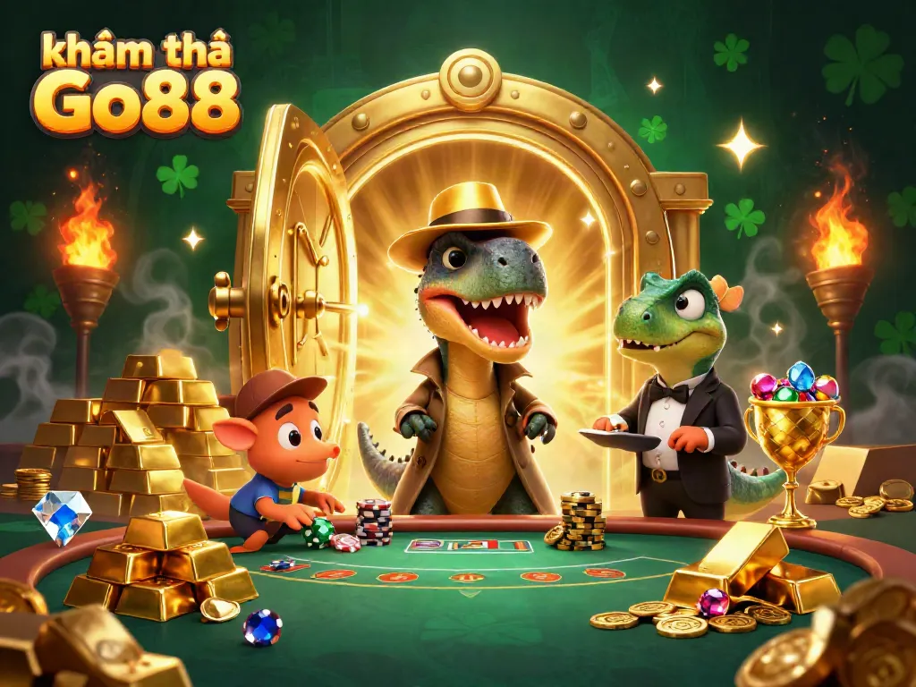 Experience fun and excitement as you khám phá Go88 with a unique casino-themed scene filled with vibrant characters and treasures.