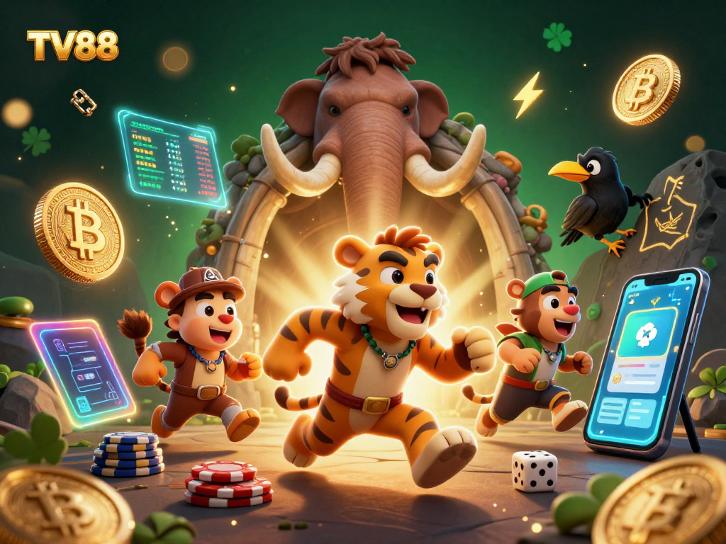 Play immersive games at TV88 in a vibrant prehistoric casino atmosphere, complete with dynamic elements.