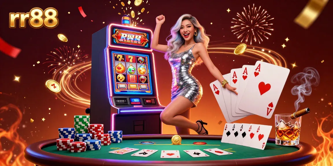 Celebrate big wins at rr88 with a vibrant slot machine scene featuring a lucky woman among casino elements.