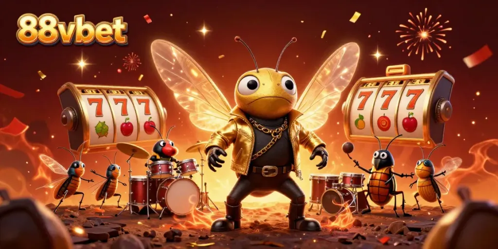 Engage with the exciting world of 88vbet featuring vibrant 3D illustrations of a rock star cicada and playful casino symbols.