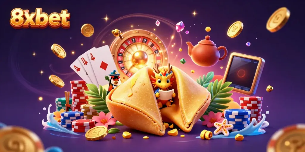 Experience the excitement of 8xbet with a scene featuring a golden fortune cookie, dragon, and casino elements.