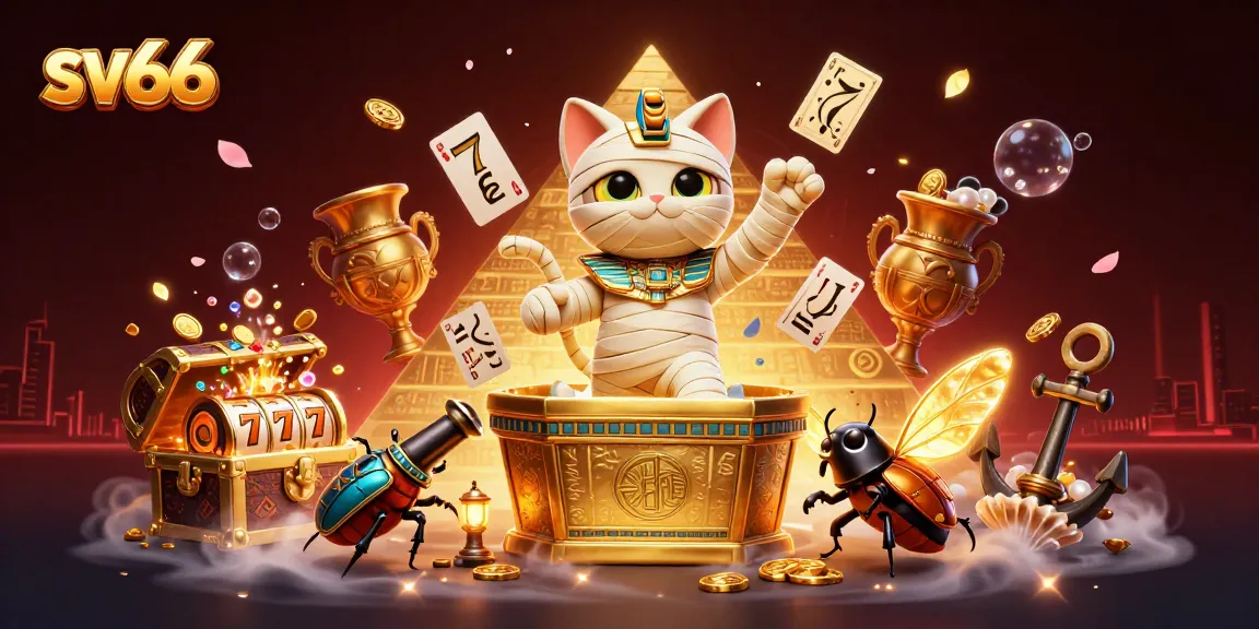 Experience thrilling gameplay at sv66 with an Egyptian mummy cat and golden treasures in a vivid scene.