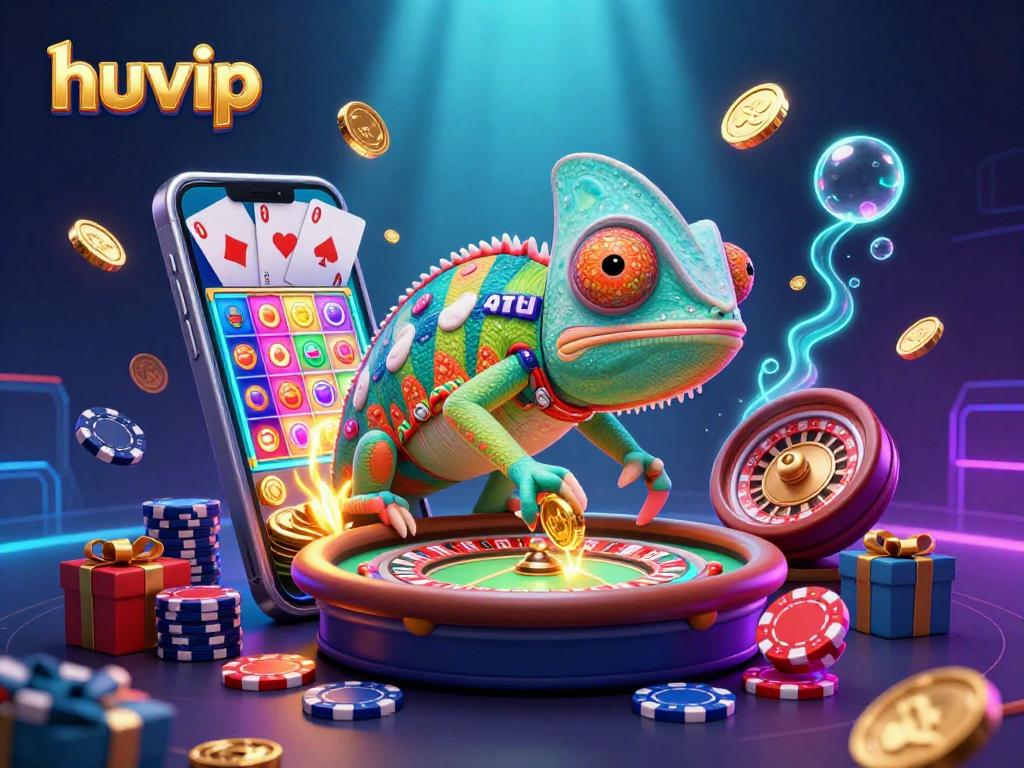 Play immersive huvip games with vibrant casino elements and cartoon chameleon character.