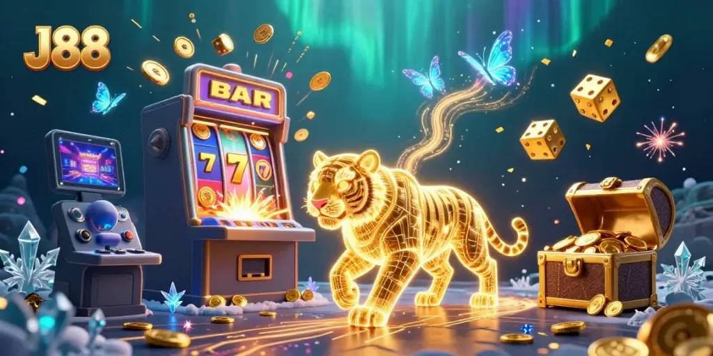 Experience the thrill of J88 with an energetic casino scene featuring dazzling slot machines and vibrant gameplay elements.