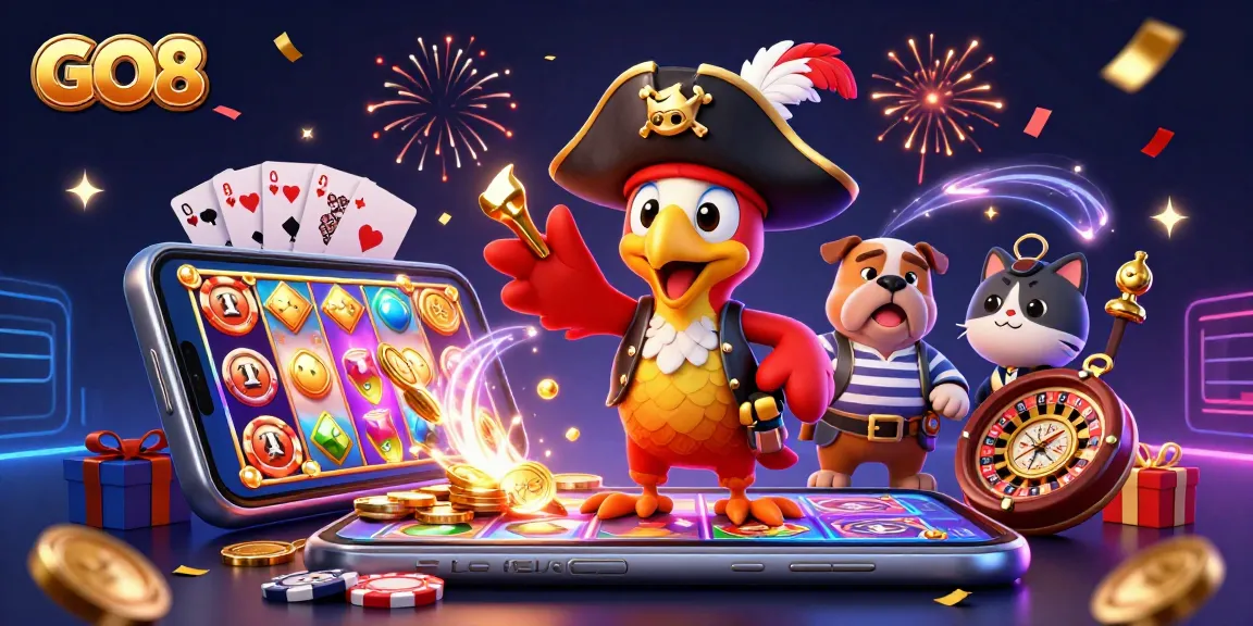 Spin and win big with GO8 in vibrant casino action featuring animated characters and games.