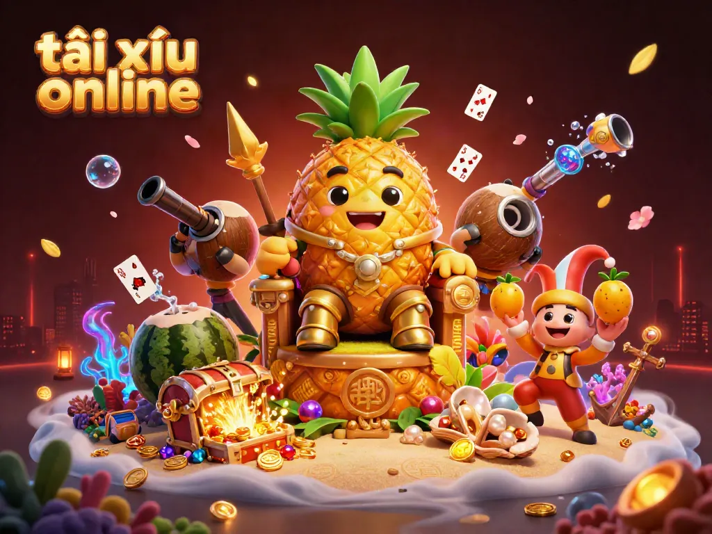 Engage in tài xỉu online with the vibrant scene of a golden pineapple king and casino elements.