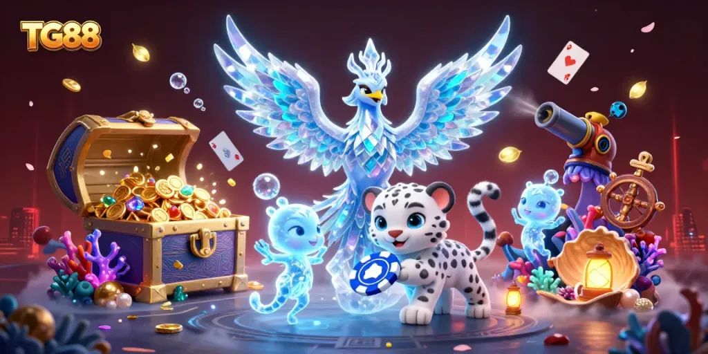 Engage in the interactive world of TG88 with a vibrant illustration showcasing exciting casino elements.