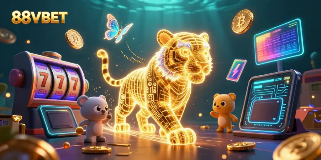 Experience 88VBET's digital casino world with a glowing golden tiger and neon elements.