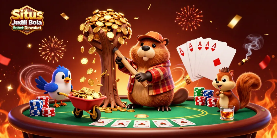 Situs Judi Bola Sbobet Dewabet showcases an engaging 3D scene with cartoon characters celebrating big wins at a vibrant poker table.