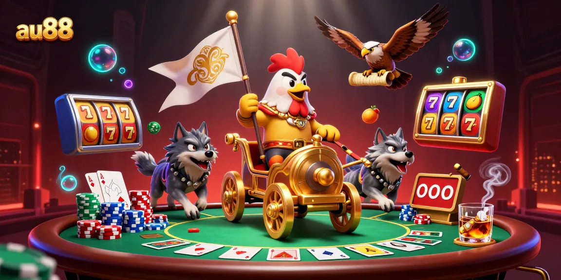 Engage in vibrant gameplay at au88, featuring a cartoon rooster warlord with a golden chariot in a dynamic gambling scene.