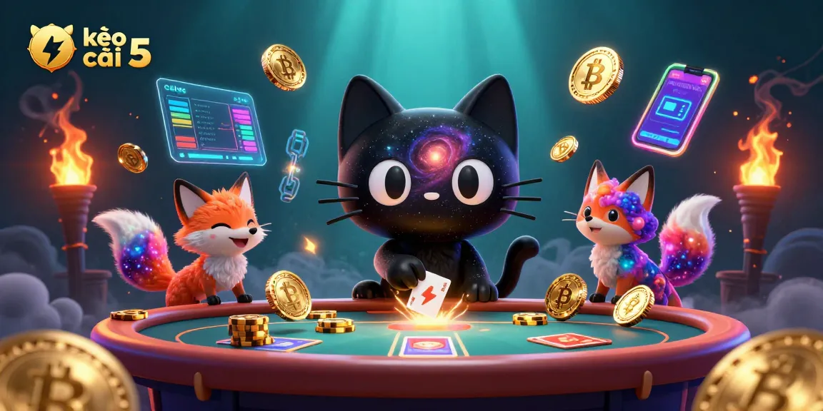Engage with kèo nhà cái 5 as a mystical cat pulls in golden chips at a cosmic casino.
