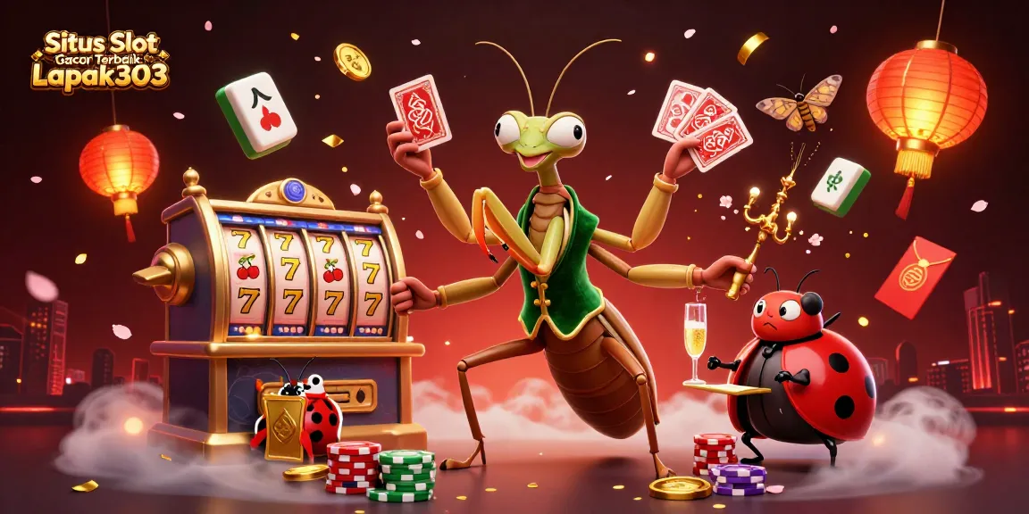Situs Slot Gacor Terbaik Lapak303 features dynamic casino elements, slot reels, and vibrant character interactions.