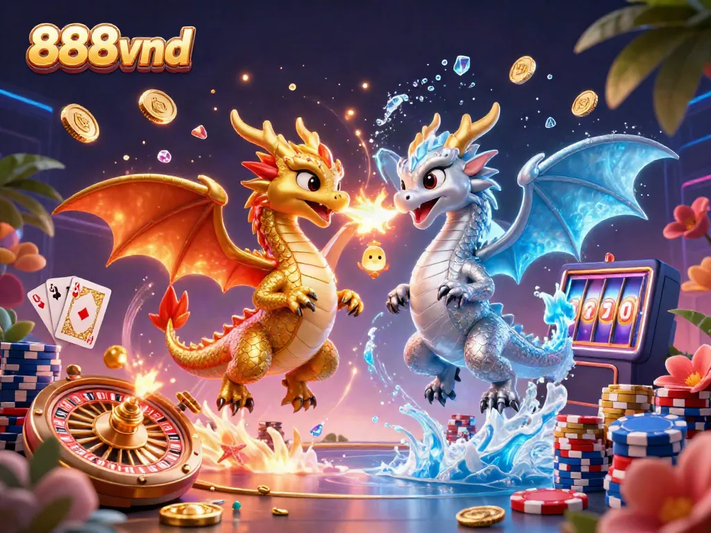 Experience thrilling gaming adventure with 888vnd showcasing dynamic dragons, glowing casino elements, and exciting symbols.