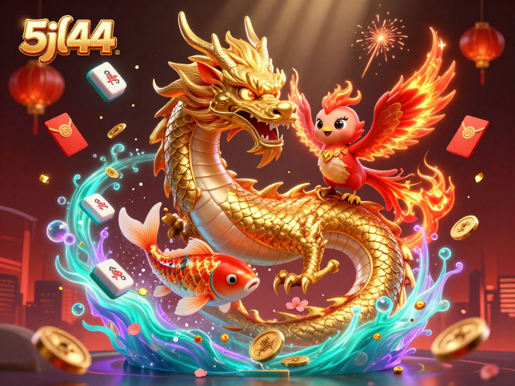 Play and win with 5jl44 in a vibrant casino setting featuring a dragon and phoenix.