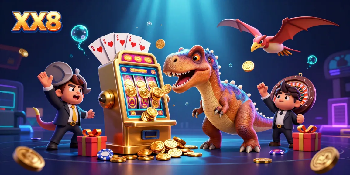 XX8 cashing in coins with a dinosaur hitting a slot machine while winning big at the casino