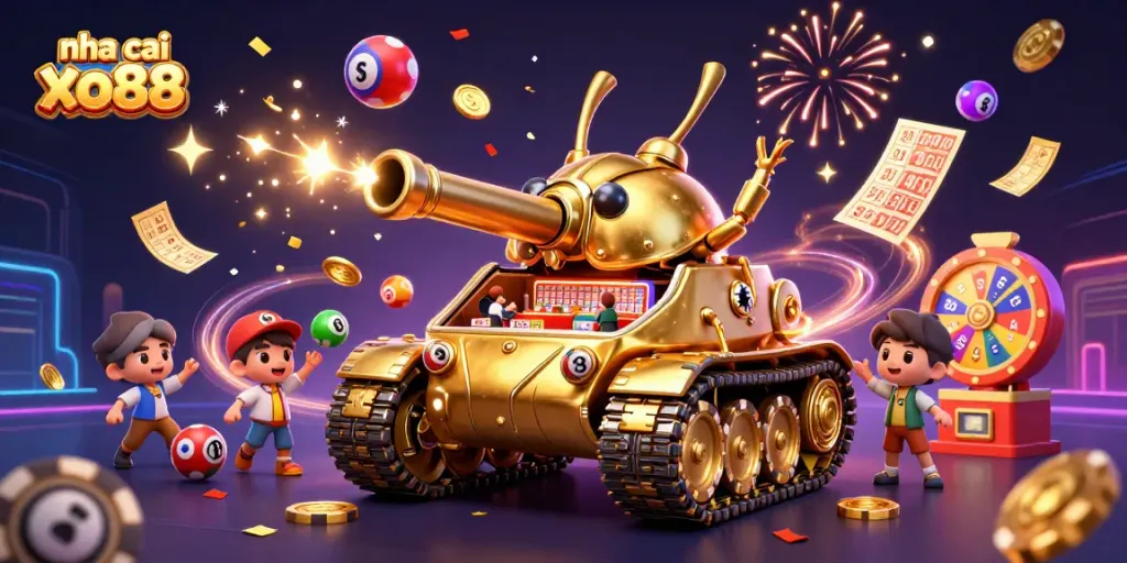 Engage with nha cai xo88 in a vibrant 3D casino world featuring a golden beetle tank and lively game elements.