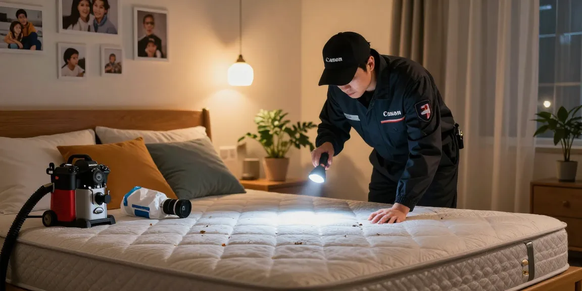 Bed bug pest control expert inspecting a mattress for signs of infestation in a cozy home bedroom.