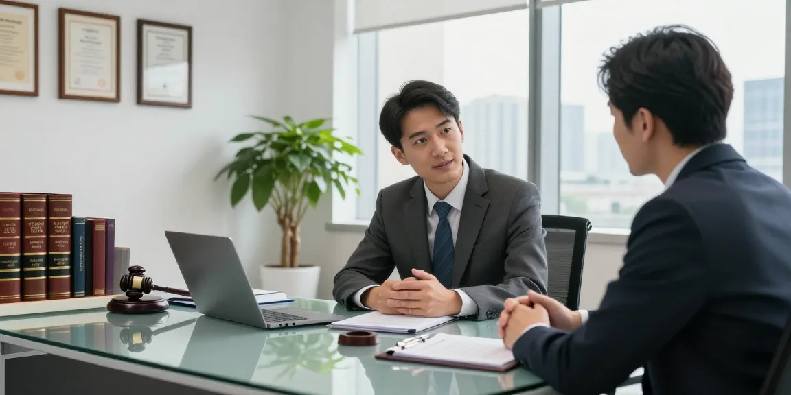 Professional lawyer consulting with a client, creating impactful legal content in a modern office.