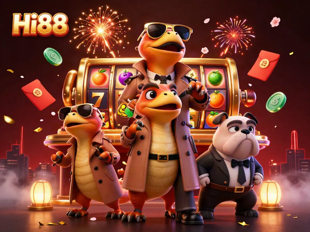 Engage with exciting Hi88 gaming action featuring 3D cartoon raptors attempting to enter a VIP casino lounge.
