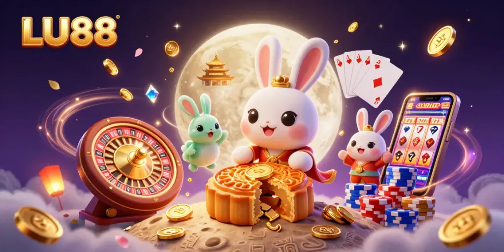 LU88 offers a thrilling experience with characters playing games amidst casino elements and magical visuals.