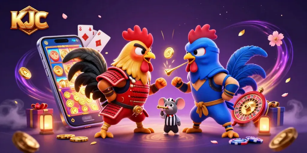 KJC showcases a dramatic standoff between twin roosters in a casino-themed digital illustration.