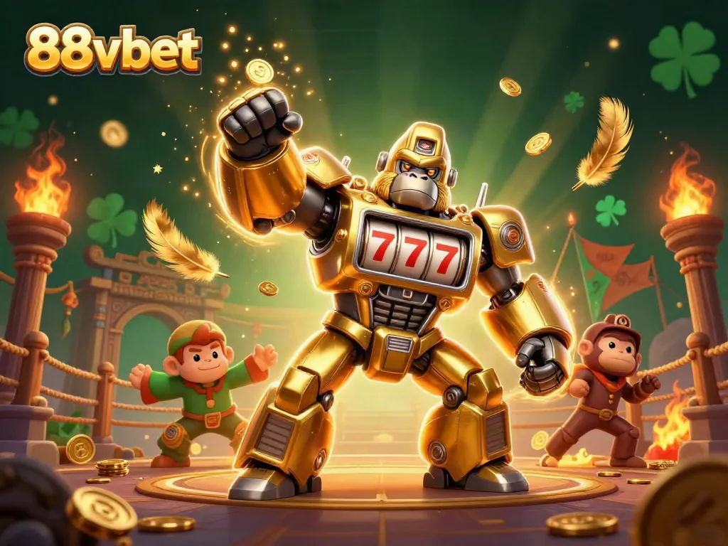 Win big with the 88vbet golden gorilla mech, surrounded by slot machine excitement and dynamic casino elements.