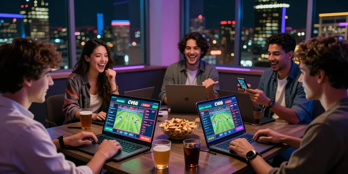 Exciting CV666 live betting scene with friends cheering and engaging on laptops.