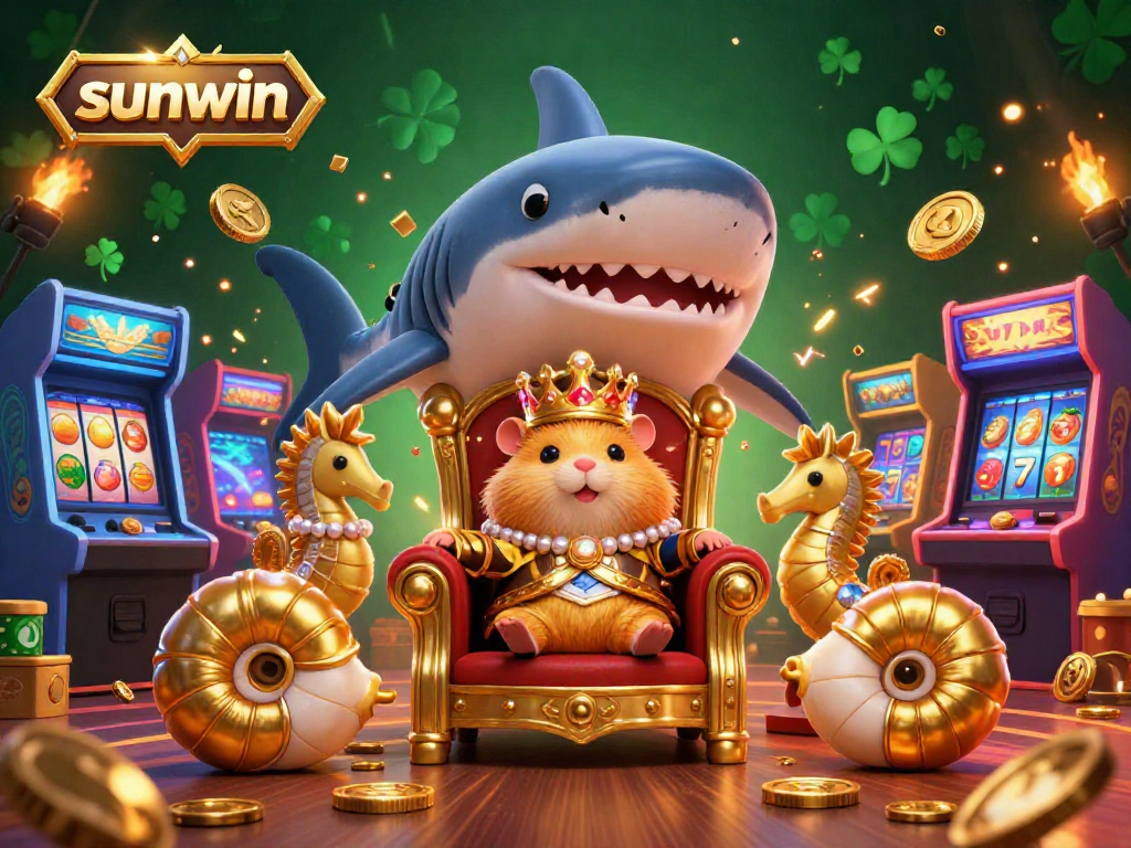 Experience the thrill of casino gaming with sunwin's dynamic illustration of a golden hamster king and royal guards amidst vibrant arcade elements.