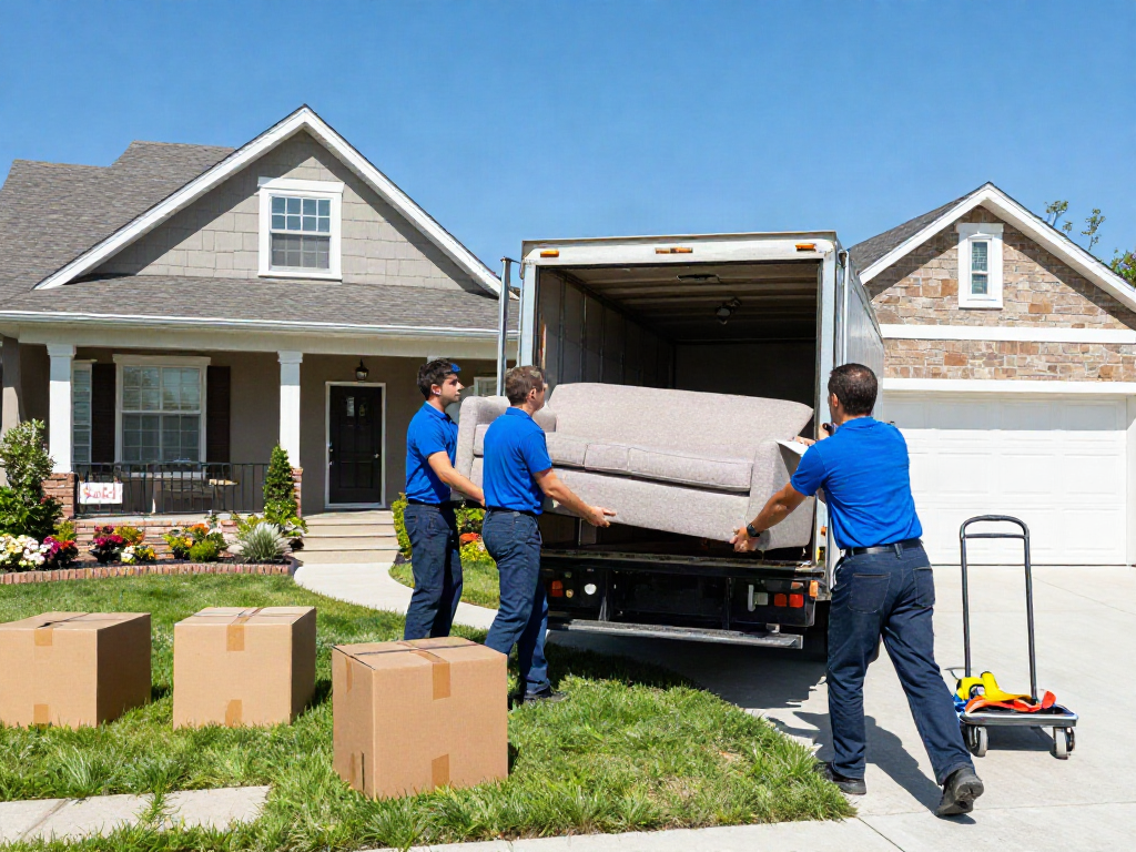 House movers efficiently relocating a sofa while coordinating their efforts outside a suburban home.