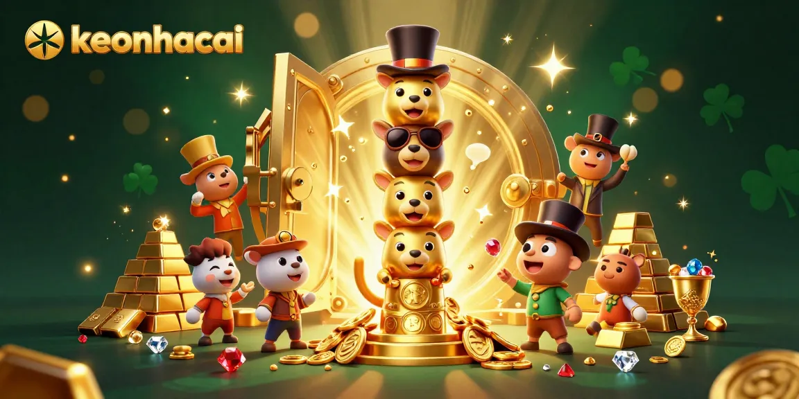 Experience excitement with keonhacai in a vibrant 3D casino illustration filled with dynamic gold treasure visuals.