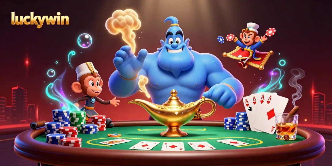 Engage with luckywin's exciting casino scene featuring a genie, monkey, and poker elements.