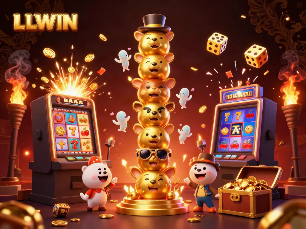 LLWIN showcases vibrant casino fun with dynamic slot machines and a 3D totem centerpiece