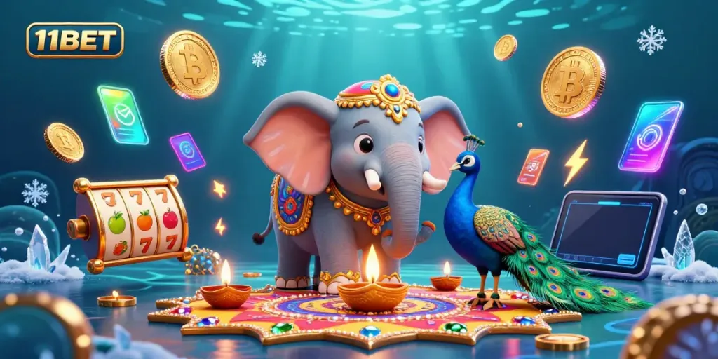 Experience 11BET with engaging visuals of festive characters and vibrant slot gameplay elements.