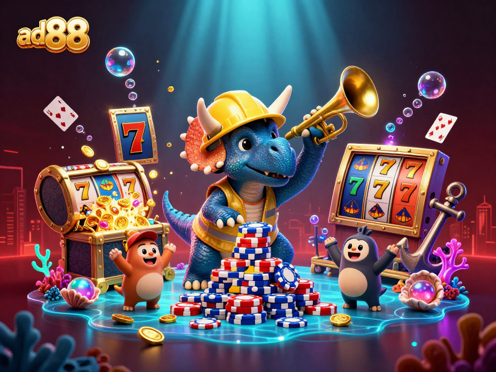 Build winning strategies with ad88’s energetic cartoon illustration of playful dinosaurs at the casino.